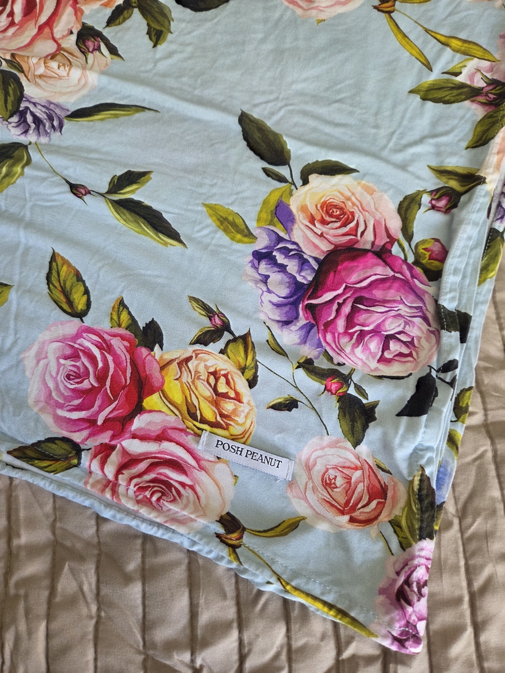 Posh Peanut Floral Baby Swaddle in Light Blue with Pink Roses